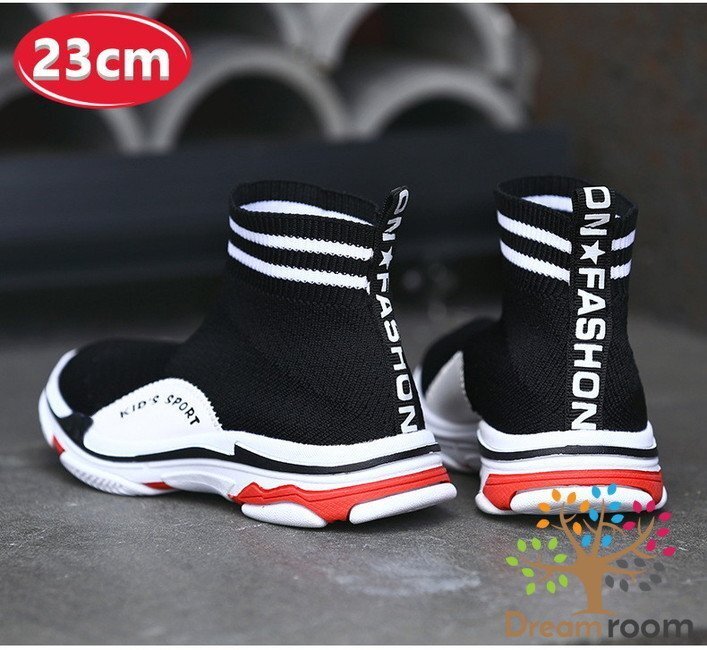 kids 夏用 ハイカット スニーカー 【ブラック×ホワイト　23cm】 韓國子供服 キッズ シューズ ニットスニーカー 子供用 男女