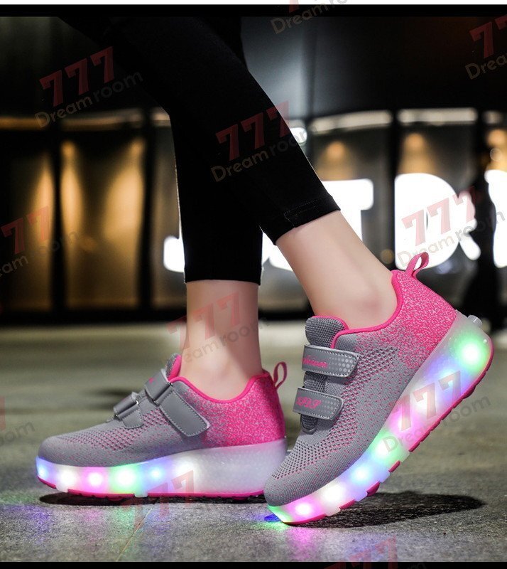 光る☆LED ライトアップスニーカー&ローラーシューズ 一體型 【K-375ピンク 19cm】夜間 スケート靴 反射材 ジョギング 自転車