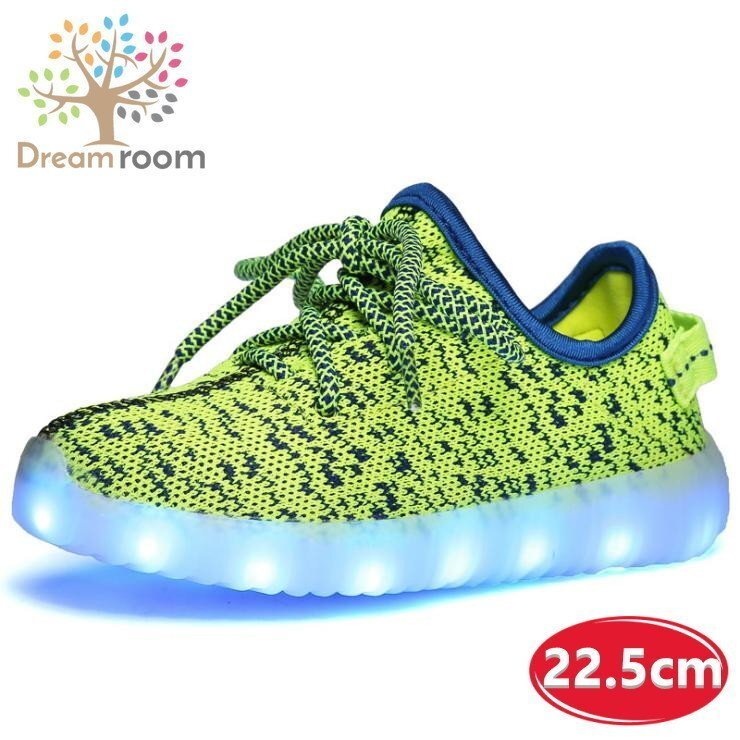 kids 7色に光る☆LED ライトアップ MIXツイードスニーカー 靴紐type 【グリーン 22.5cm】 韓國子供服 キッズ シューズ 子供用 男女