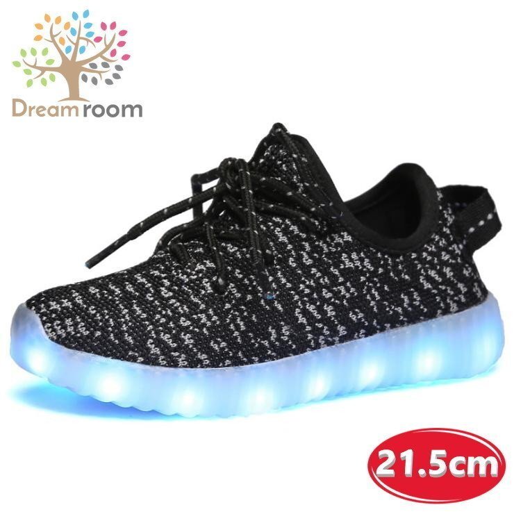 kids 7色に光る☆LED ライトアップ MIXツイードスニーカー 靴紐type 【ブラック 21.5cm】 韓國(guó)子供服 キッズ シューズ 子供用 男女