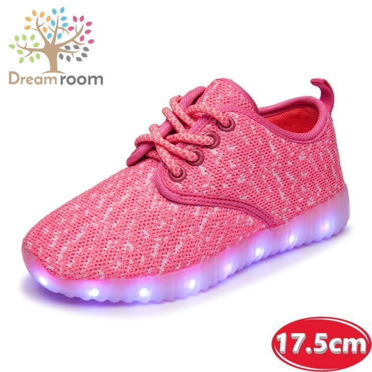kids 7色に光る☆LED ライトアップ MIXツイードスニーカー 靴紐type 【ピンク 17.5cm】 韓國(guó)子供服 キッズ シューズ 子供用 男女