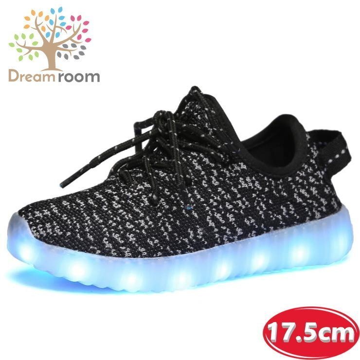 kids 7色に光る☆LED ライトアップ MIXツイードスニーカー 靴紐type 【ブラック 17.5cm】 韓國子供服 キッズ シューズ 子供用 男女