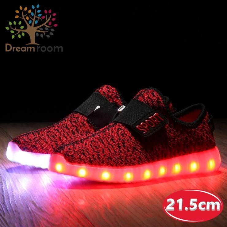 kids 7色に光る☆LED ライトアップ MIXツイードスニーカー 【レッド 21.5cm】 韓國子供服 キッズ シューズ 子供用 男女