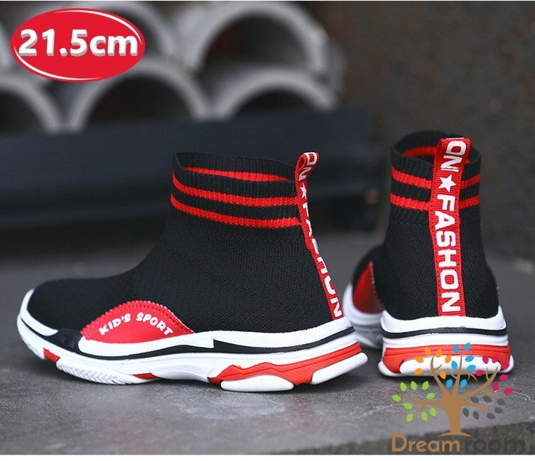 kids 夏用 ハイカット スニーカー 【ブラック×レッド　21.5cm】 韓國子供服 キッズ シューズ ニットスニーカー 子供用 男女