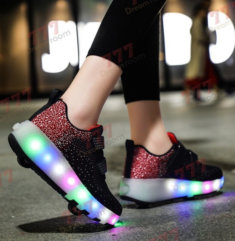 光る☆LED ライトアップスニーカー&ローラーシューズ 一體型 【K-375ブラック 24cm】夜間 スケート靴 反射材 ジョギング 自転車