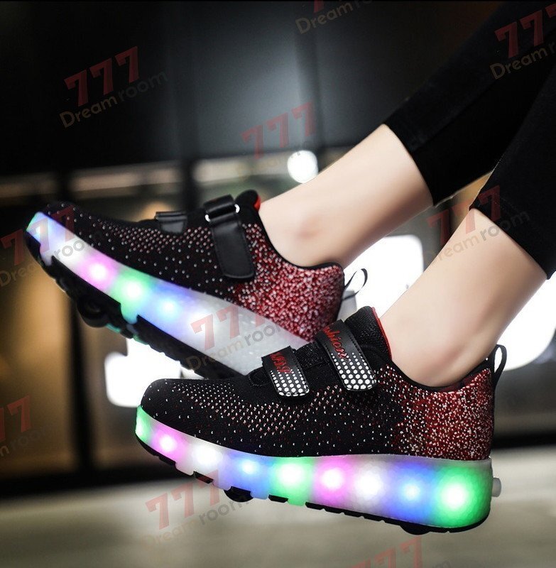 光る☆LED ライトアップスニーカー&ローラーシューズ 一體型 【K-375ブラック 24cm】夜間 スケート靴 反射材 ジョギング 自転車