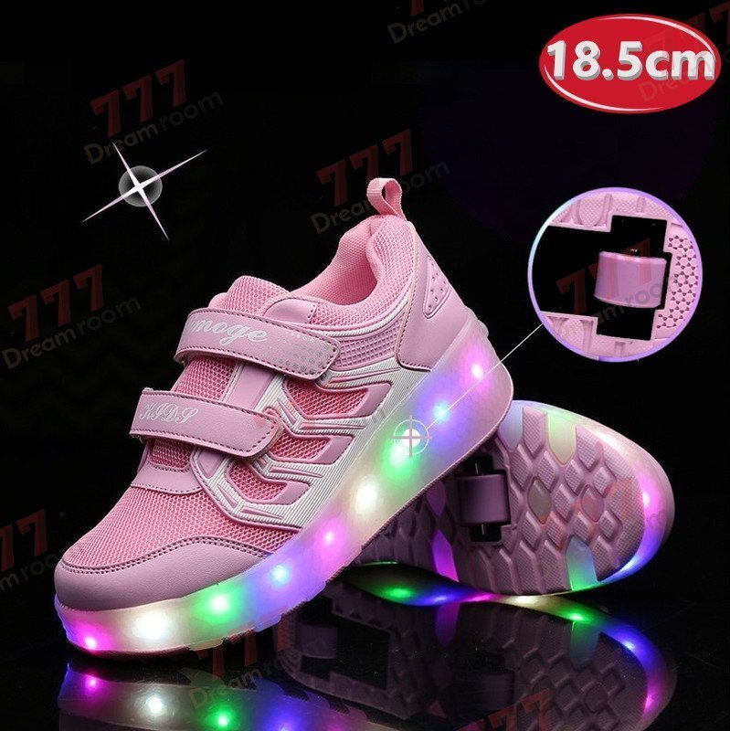 光る☆LED ライトアップスニーカー&ローラーシューズ 一體型 【K-373ピンク 18.5cm】夜間 スケート靴 反射材 ジョギング 自転車