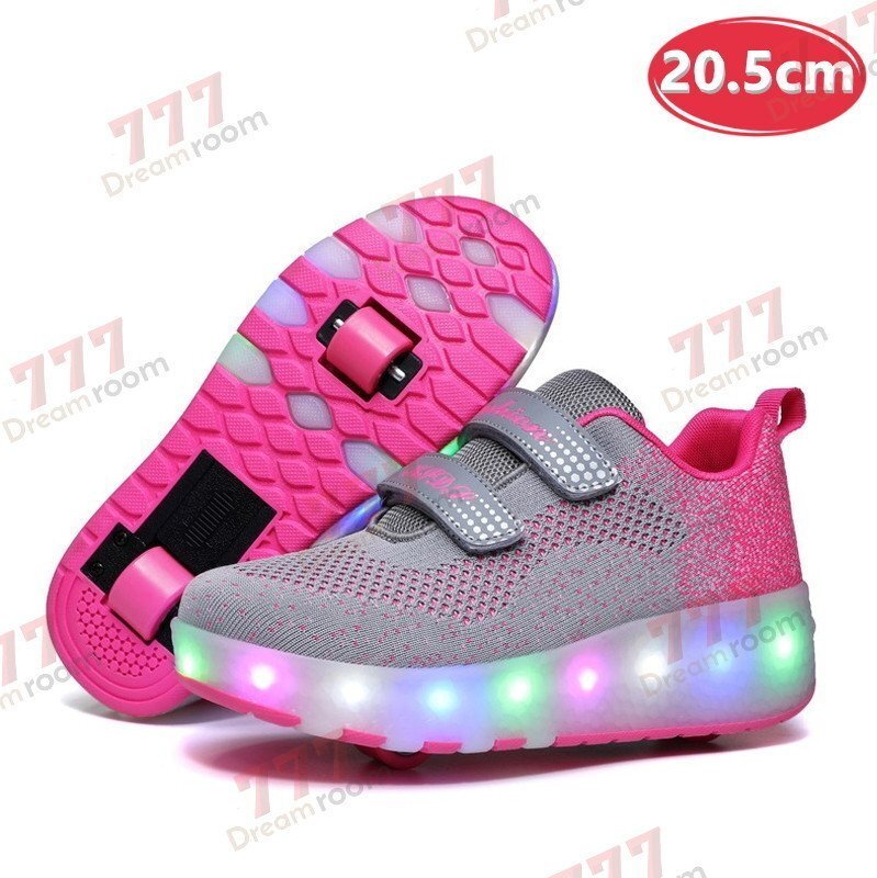 光る☆LED ライトアップスニーカー&ローラーシューズ 一體型 【K-375ピンク 20.5cm】夜間 スケート靴 反射材 ジョギング 自転車