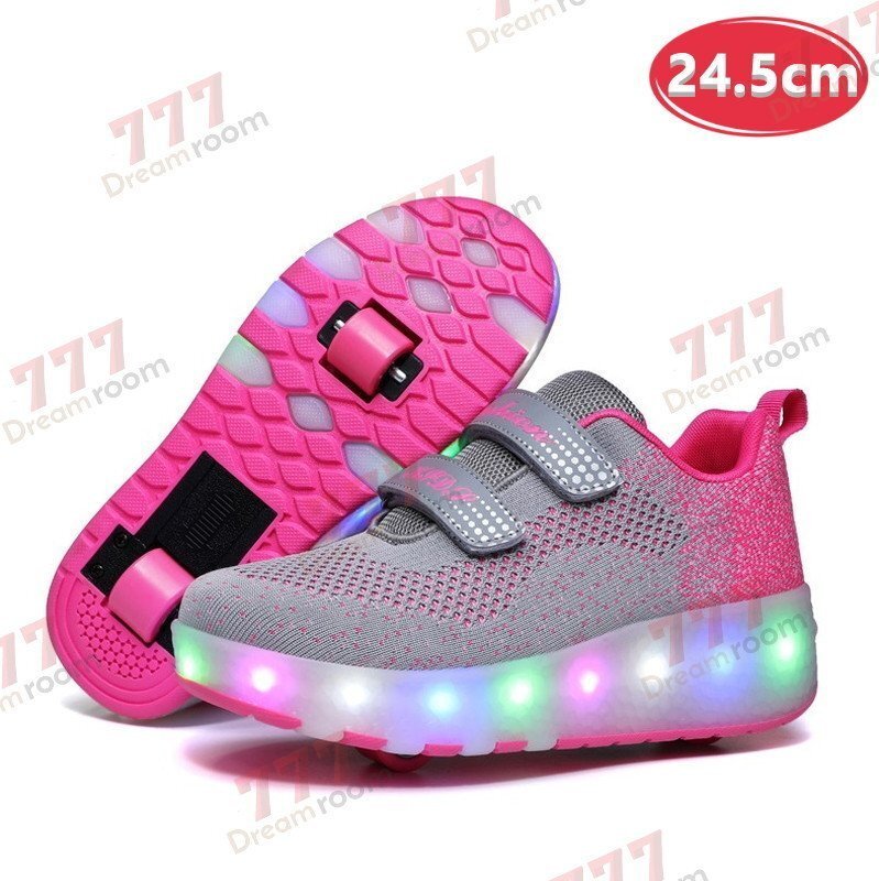 光る☆LED ライトアップスニーカー&ローラーシューズ 一體型 【K-375ピンク 24.5cm】夜間 スケート靴 反射材 ジョギング 自転車