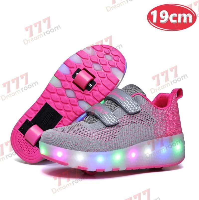 光る☆LED ライトアップスニーカー&ローラーシューズ 一體型 【K-375ピンク 19cm】夜間 スケート靴 反射材 ジョギング 自転車