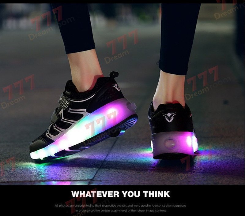 光る☆LED ライトアップスニーカー&ローラーシューズ 一體型 【K-373ブラック 20cm】夜間 スケート靴 反射材 ジョギング 自転車