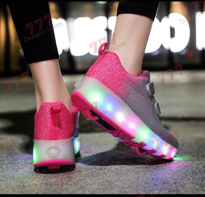 光る☆LED ライトアップスニーカー&ローラーシューズ 一體型 【K-375ピンク 20.5cm】夜間 スケート靴 反射材 ジョギング 自転車