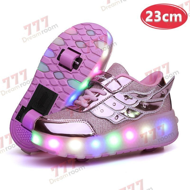 光る☆LED ライトアップスニーカー&ローラーシューズ 一體型 【K-374メタルピンク 23cm】夜間 スケート靴 反射材 ジョギング 自転車
