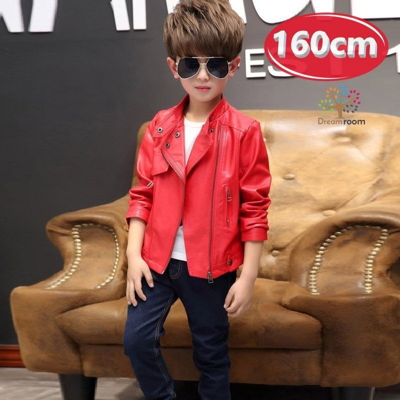 kids boy 2way ライダースジャケット 【レッド 160cm】 韓國子供服 レザー ハード ライトアウター K-265
