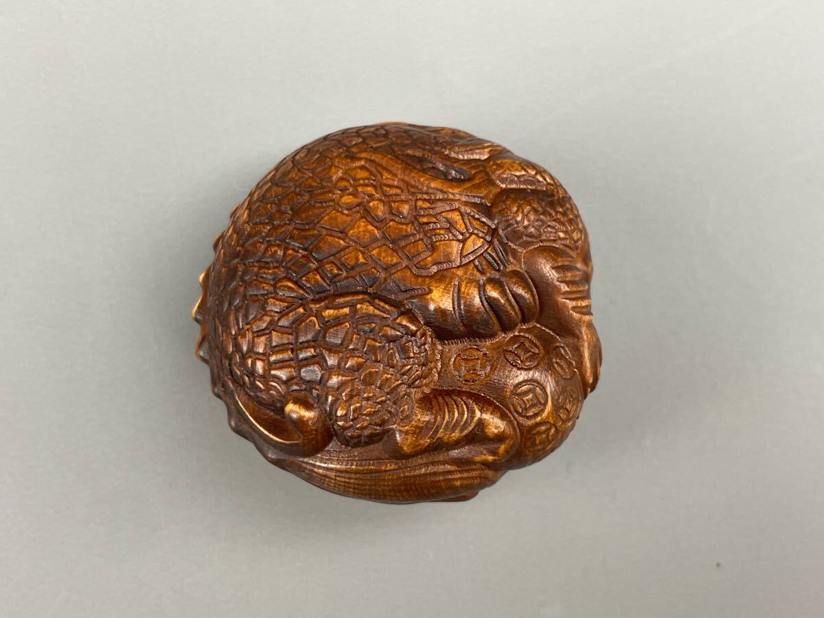饅頭根付 細密木彫り 唐獅子 龍 木製 アンティーク 柘植 骨董品