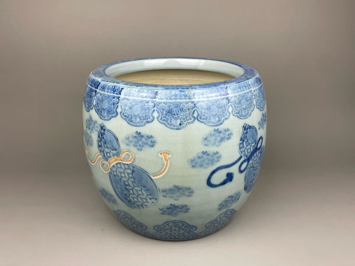 骨董 染付 波に白兎 大鉢 睡蓮鉢 Antiques 伊万里 染付 瓢箪 手炙り火鉢 メダカ鉢 金魚鉢 大正期