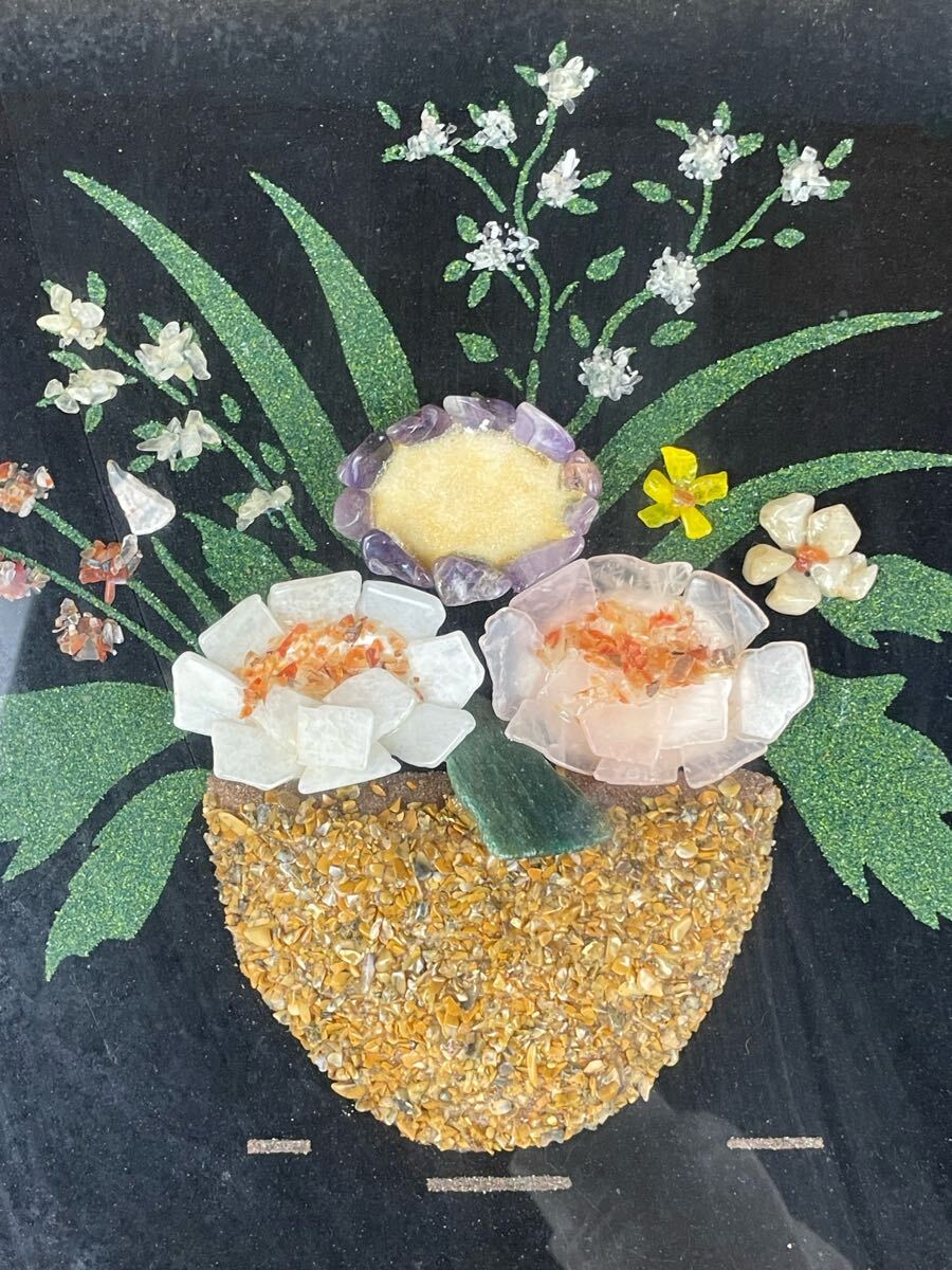 昭和レトロ 額装 石細工 貴石画 宝石画 花束 花柄 インテリア