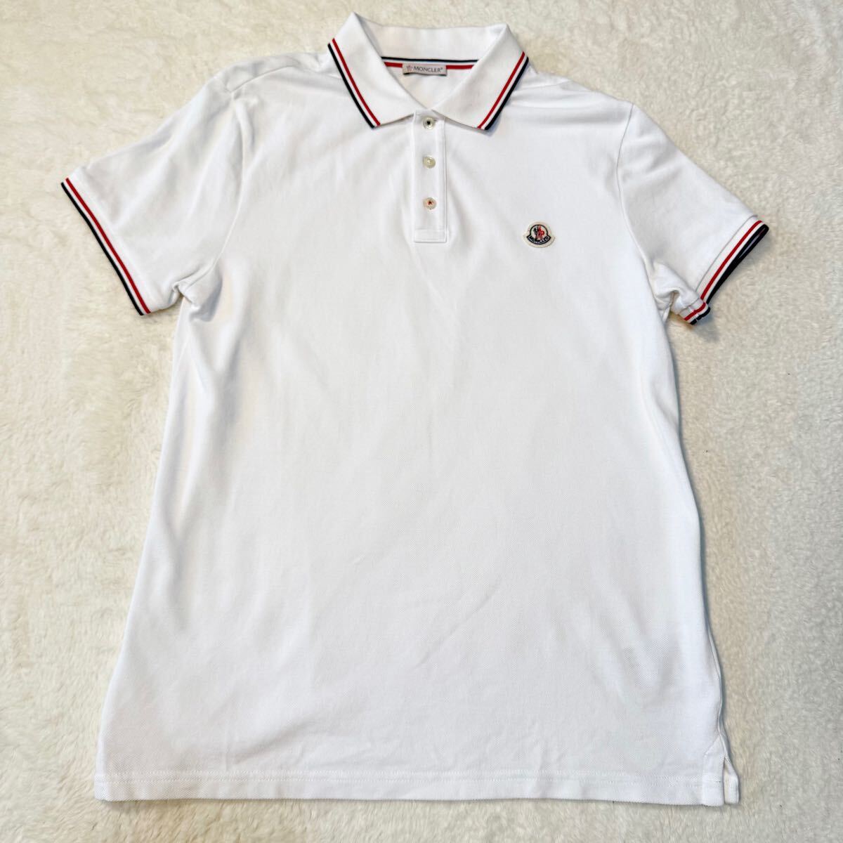 美品/メンズ MONCLER モンクレール ポロシャツ 鹿の子 紺 ホワイト 白 トリコロール 胸ロゴ ワッペン MAGLIA POLO MANICA CORTA 