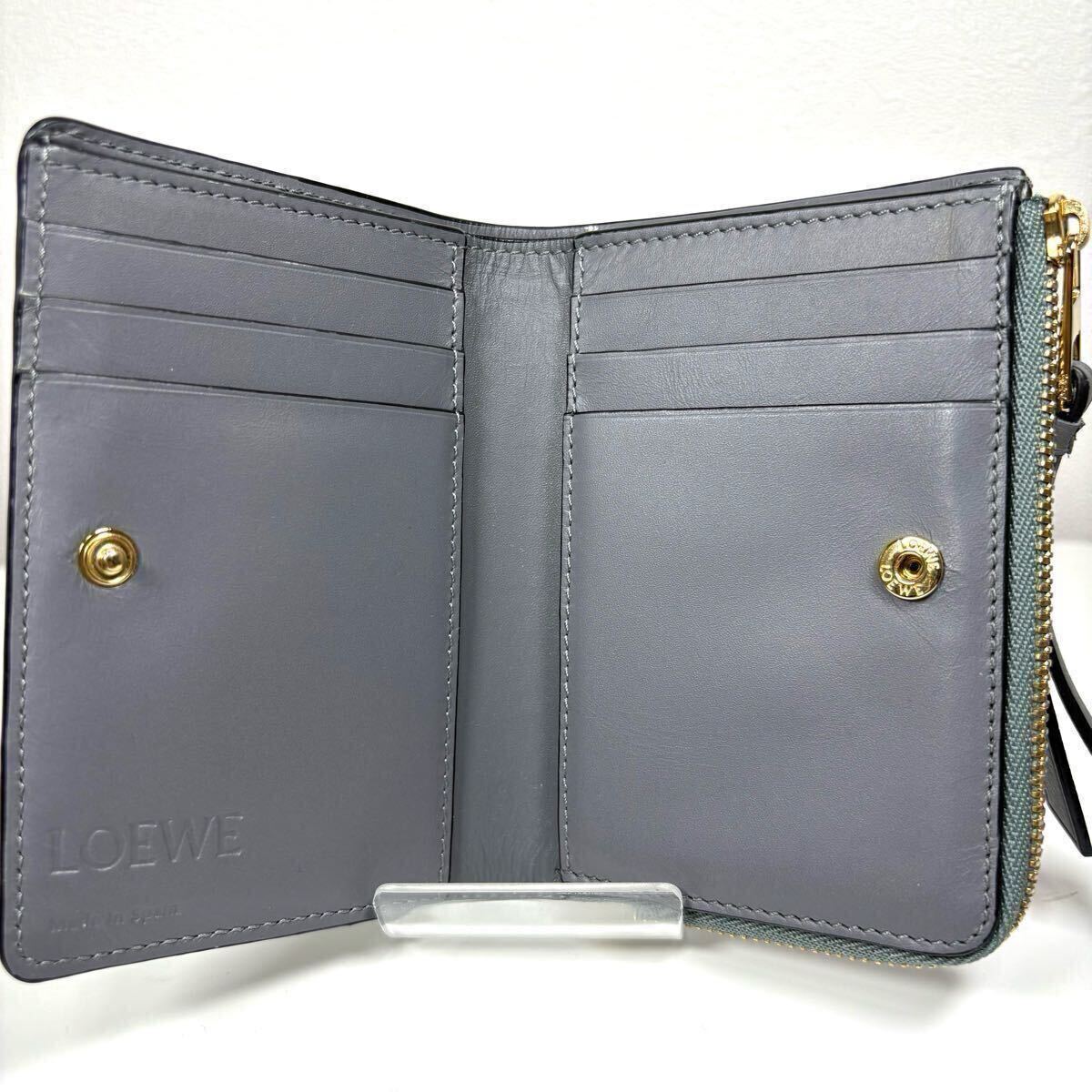 ☆美品☆LOEWE パズル コンパクト財(cái)布 レザー スリムジップ ウォレット グレー ベージュ グリーン 二つ折り グレー ベージュ グリーン