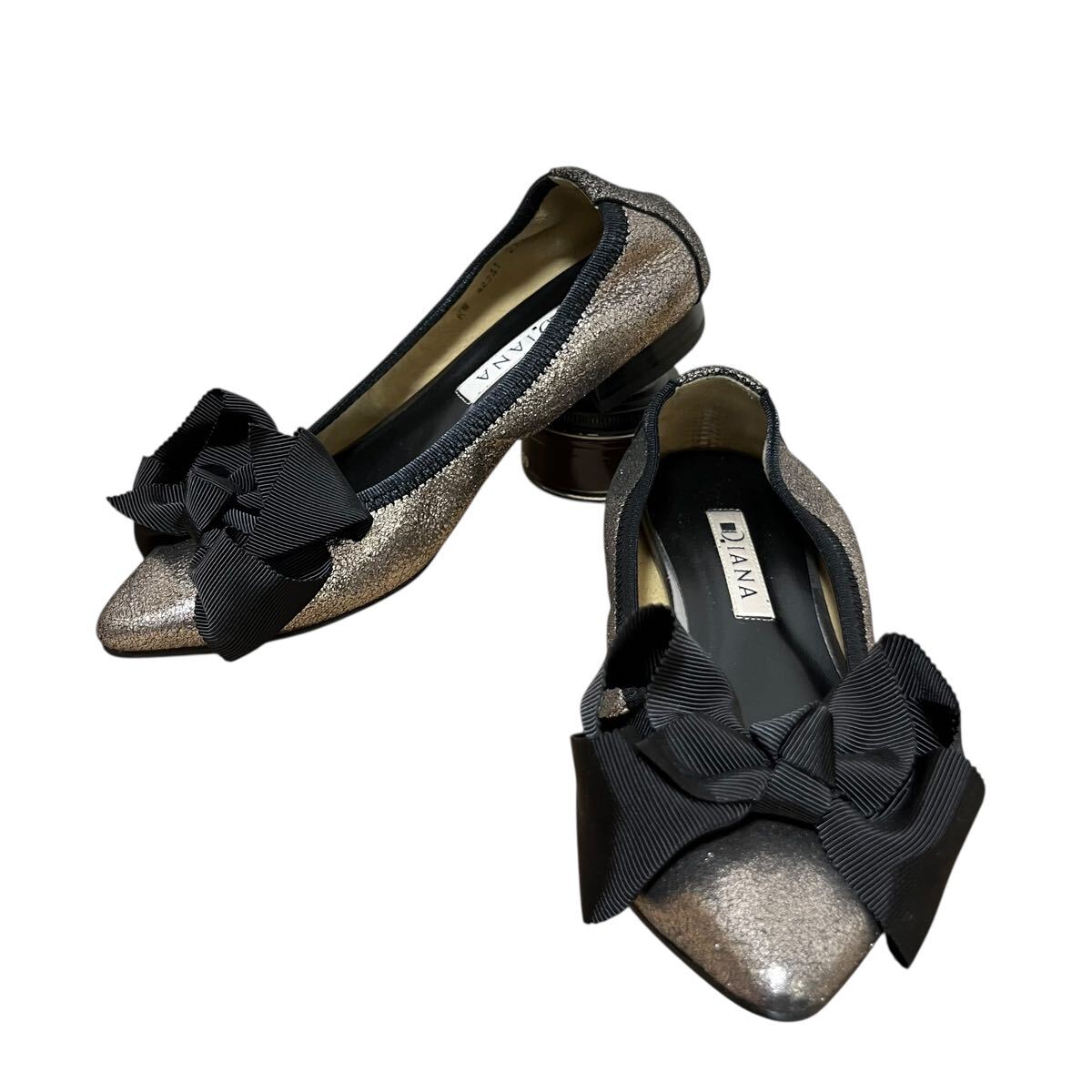 ※P4 DIANA ダイアナ フラットバレエシューズ ゴールド リボン 日本製 21.5cm_画像1