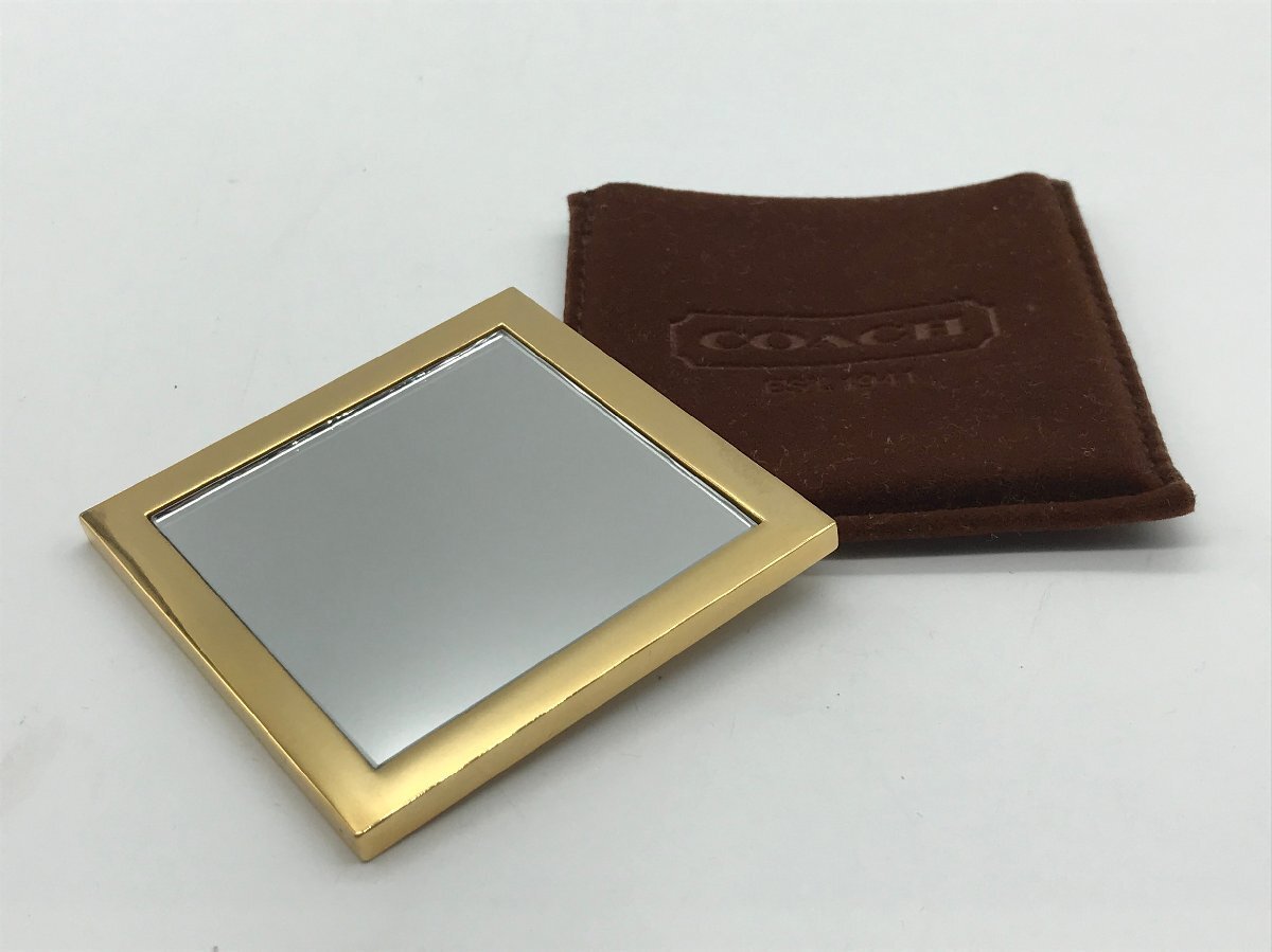 ■【YS-1】 美品 ■ コーチ COACH ミラー ■ 鏡 5,5cm×5,5cm ゴールド系 【同梱可能商品】K■