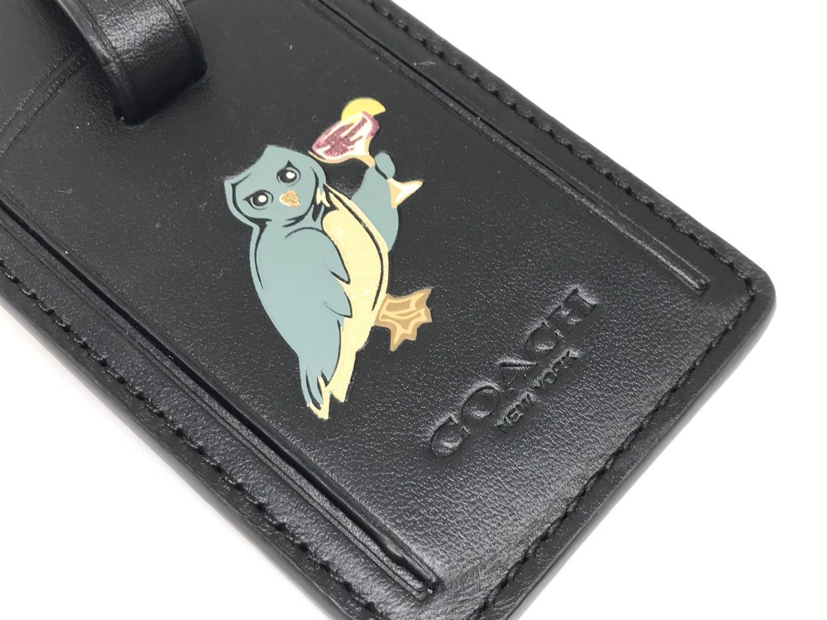 ■【YS-1】 コーチ COACH バッグチャーム ■ レザー 黒 フクロウ 全長14,2cm 【同梱可能商品】K■