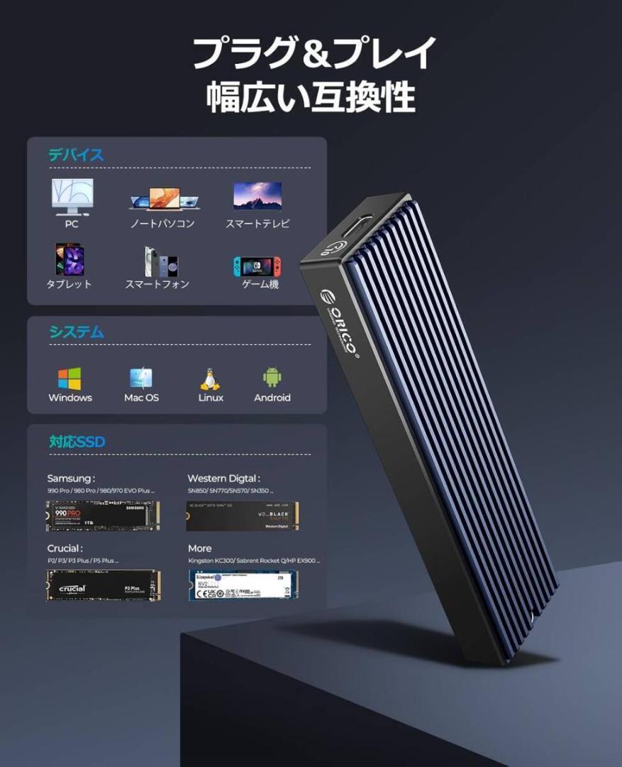 ORICO M.2 NVMe SSD 外付けケース USB 3.2 Gen2 10Gbps高速データ転送 NVMe/PCIE 対応2230/2224/2260/2280 SSD