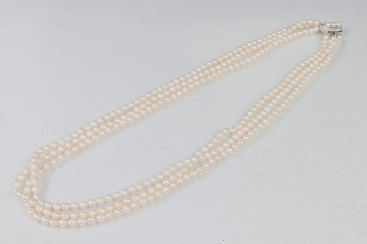 タサキ 田崎真珠 本真珠 3連 パール ネックレス 約63cm 約5.3mm 約72g SILVER 淡水 ほんのりピンク 留金あこや 【彩irodori】.u8