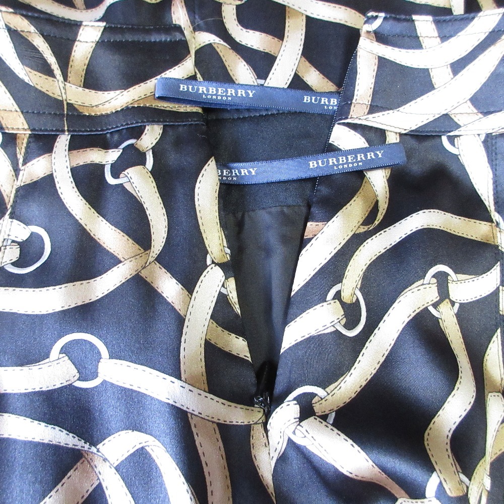 良品 BURBERRY LONDON バーバリーロンドン ベルト柄 シルク100％ ひざ丈 プリーツスカート 36 ブラック