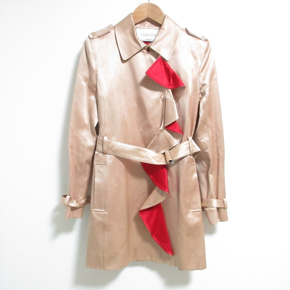 良品 VALENTINO ヴァレンティノ ウエストベルト付き ミディ丈 フリルサテン トレンチコート ピンクベージュ レッド