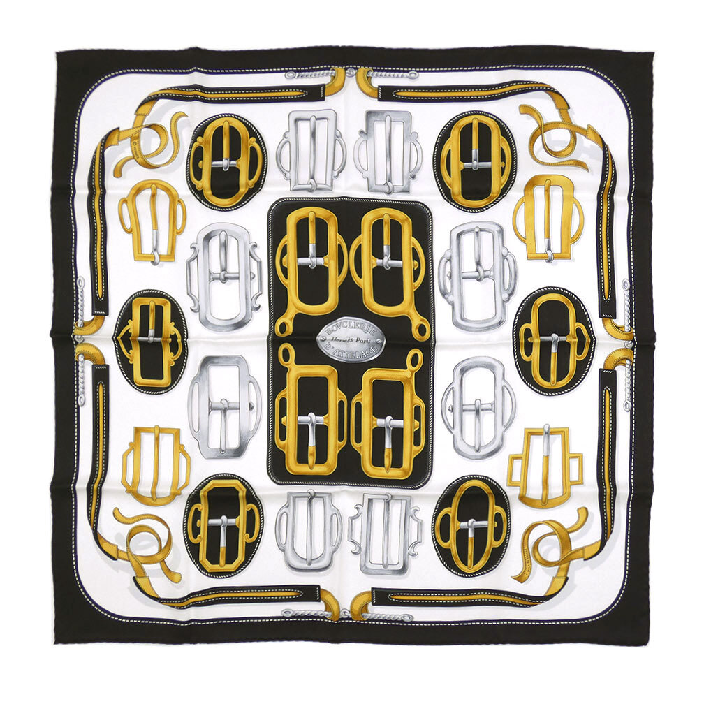 エルメス スカーフ HERMES カレ カレ70 シルク 100％ BOVCLERIE D'ATTELAGE ブラック ホワイト ゴールド 白 黒 レディース OJ10099_画像1