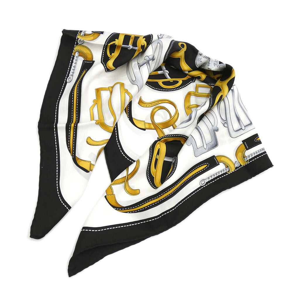 エルメス スカーフ HERMES カレ カレ70 シルク 100％ BOVCLERIE D'ATTELAGE ブラック ホワイト ゴールド 白 黒 レディース OJ10099_画像2