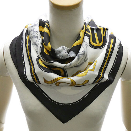 エルメス スカーフ HERMES カレ カレ70 シルク 100％ BOVCLERIE D'ATTELAGE ブラック ホワイト ゴールド 白 黒 レディース OJ10099_画像3