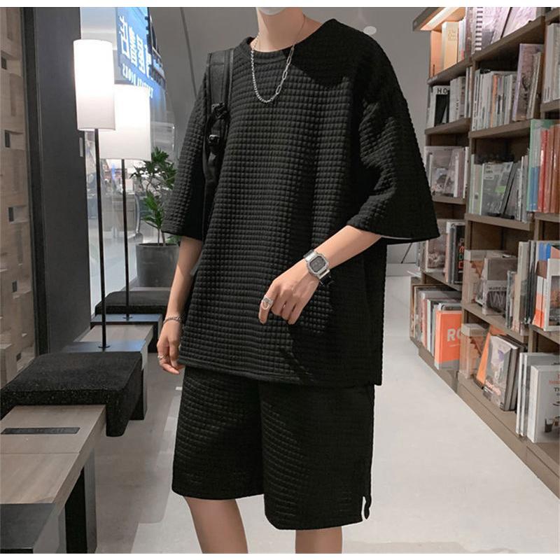夏 涼しい 半袖 Tシャツ ショートパンツ パジャマ トップス セットアップ メンズ 上下セット ブラック M