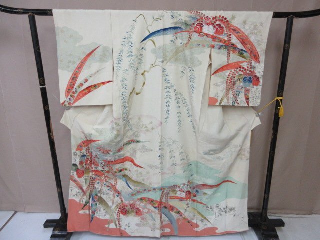 1円 中古 正絹 著物 訪問著 縮緬 式典 和裝 和服 アンティーク 大正浪漫 草花 葉 桐 お灑落 高級(jí) 袷 身丈153cm 裄63cm【夢職】★