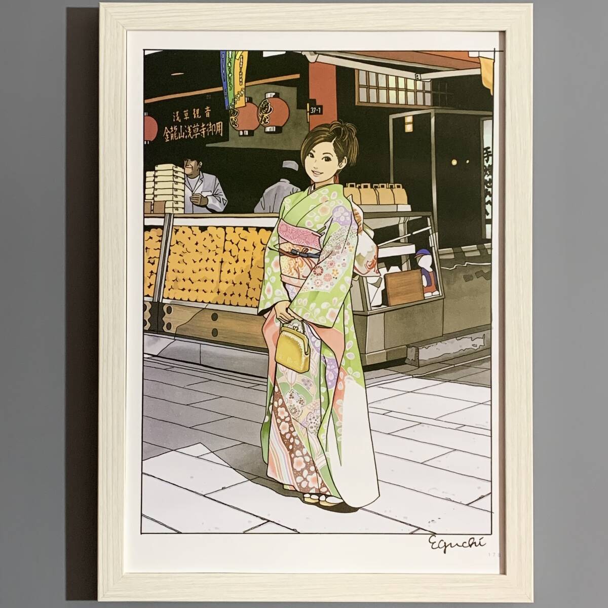 ■江口壽史■「仲見世通り 1999」/A4額裝品/Weekly漫畫アクション表紙/美少女のいる街風(fēng)景/淺草/美人畫/貴重イラスト/印刷物 G1370