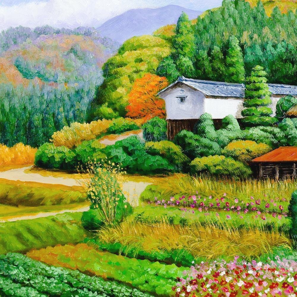 「真作」細川進『杏の里』 風景画 F4 号油絵 絵画 油彩画 額装 サイン有り 真作」細川進『杏の里』 風景画 F4 号油絵 絵画 油彩画 額装