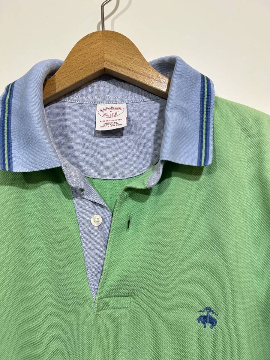 ★ Brooks Brothers オリジナルフィット 半袖 鹿子 ポロシャツ バイカラー ライムグリーン ライトブルー S ワンポイント刺繍 M相當(dāng)