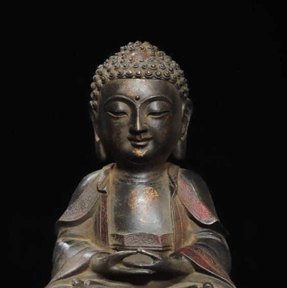284 ETP 時(shí)代物 舊家整理品 中國古玩 古美術(shù) 明時(shí)代 古銅制 拓金　釈迦牟尼 仏造像　細(xì)密細(xì)工造 置物 擺件 古賞物