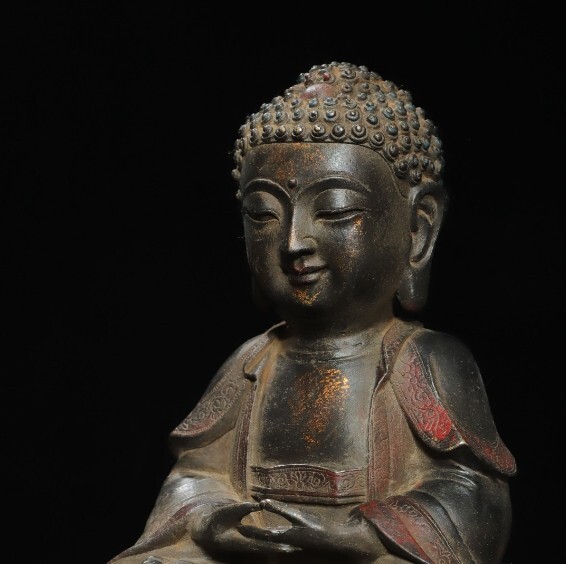 284 ETP 時(shí)代物 舊家整理品 中國古玩 古美術(shù) 明時(shí)代 古銅制 拓金　釈迦牟尼 仏造像　細(xì)密細(xì)工造 置物 擺件 古賞物