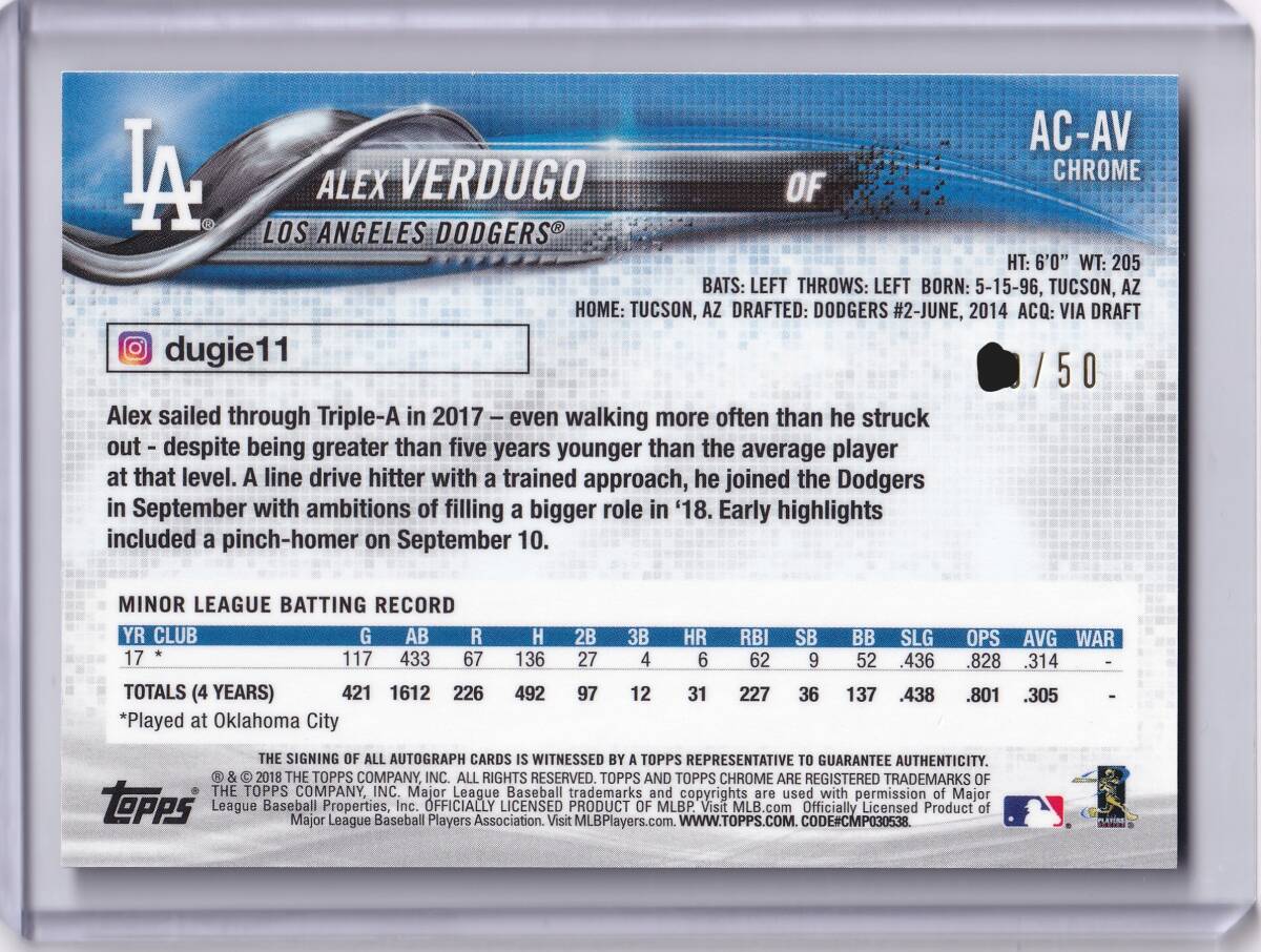 [50 листов ограничение ] Allex *bate.-go rookie автограф автограф карта 2018 TOPPS CHROME SAPPHIRE AUTOGRAPH GREEN REFRACTOR ALEX VERDUGO RC