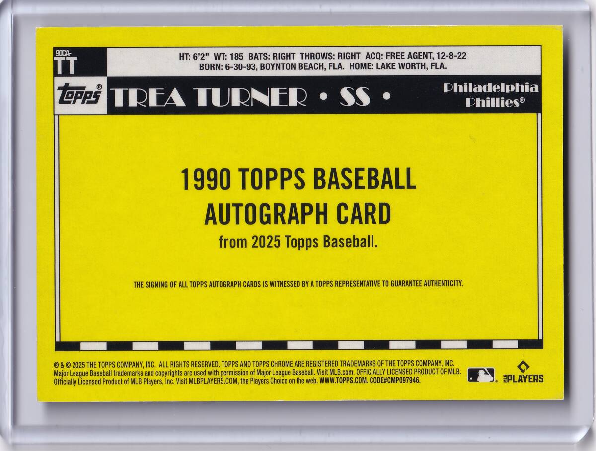 トレー?ターナー 直筆サインカード 2025 TOPPS SERIES ONE SILVER PACK 1990 CHROME AUTOGRAPH 50枚限定 TREA TURNER / BRAVES / PHILLIES
