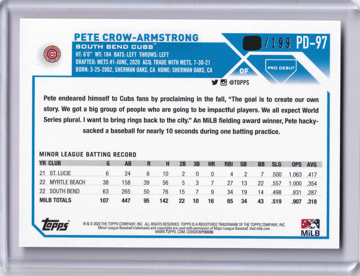 【PCA】ピート?クロー＝アームストロング 2023 PRO DEBUT 199枚限定 PINK RAINBOW FOIL PETE CROW-ARMSTRONG / CUBS カブス【高騰中】