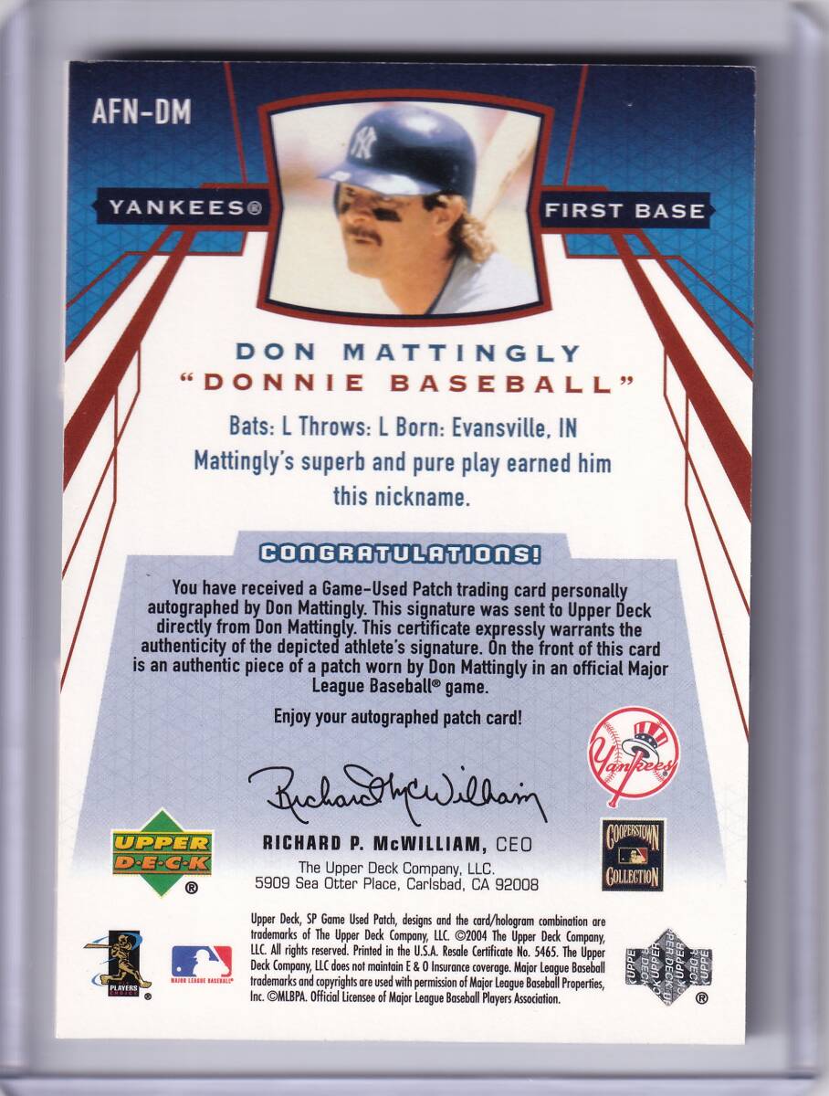 ドン?マッティングリー 直筆サインカード 202004 UPPER DECK SP GAME USED PATCH AUTOGRAPH 50枚限定 DON MATTINGLY / TOPPS 以外