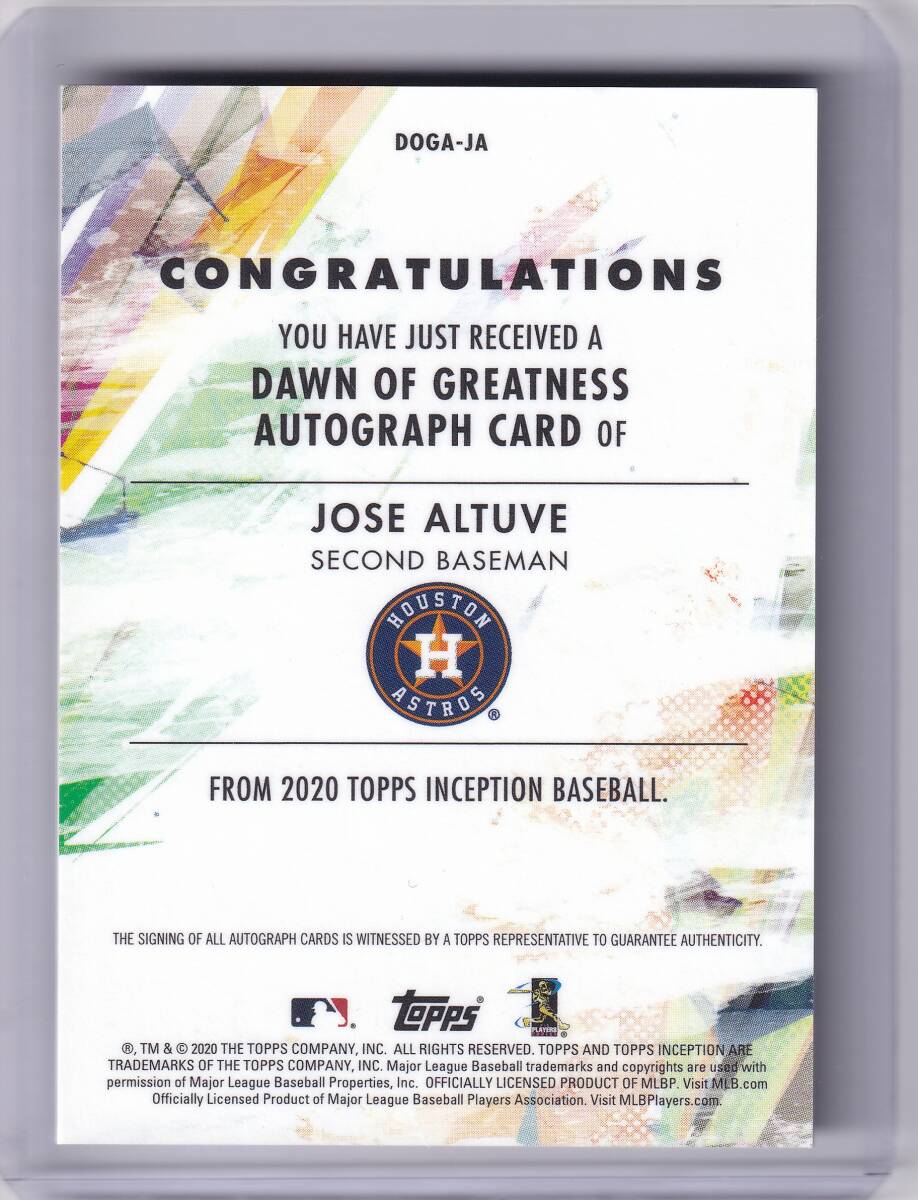 【20枚限定】ホセ?アルトゥーベ 直筆サインカード 2020 TOPPS INCEPTION DAWN OF GREATNESS AUTOGRAPH CARD JOSE ALTUVE / HOUSTON ASTROS