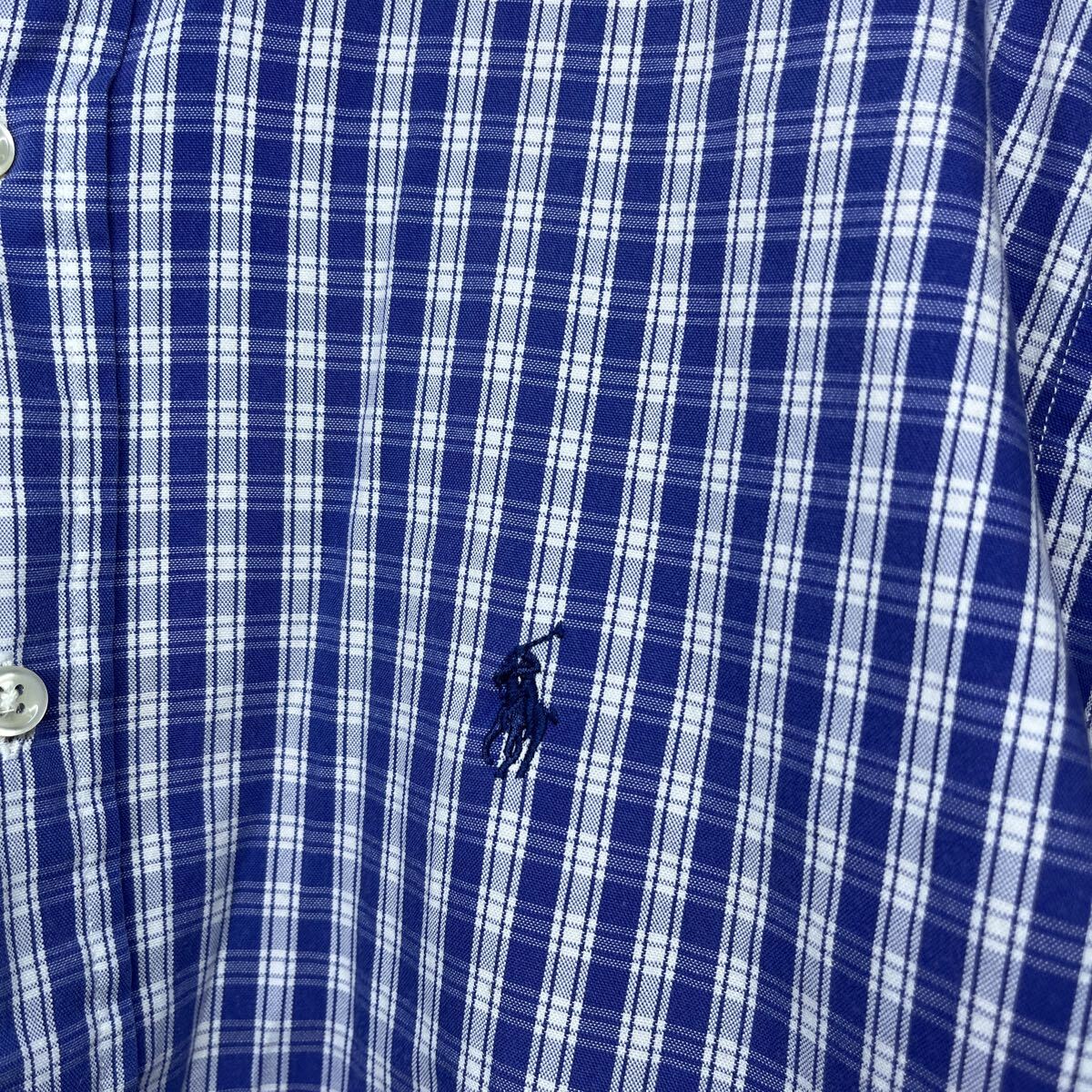 半袖シャツ ラルフローレン Ralph Lauren 半袖 Lサイズ シャツ ブルー チェック カジュアル 紺 100% COTTON 古著 シミ汚れ有　坂戸屋 