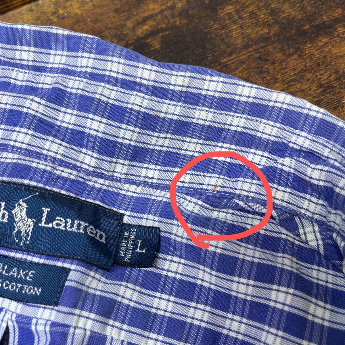 半袖シャツ ラルフローレン Ralph Lauren 半袖 Lサイズ シャツ ブルー チェック カジュアル 紺 100% COTTON 古著 シミ汚れ有　坂戸屋 