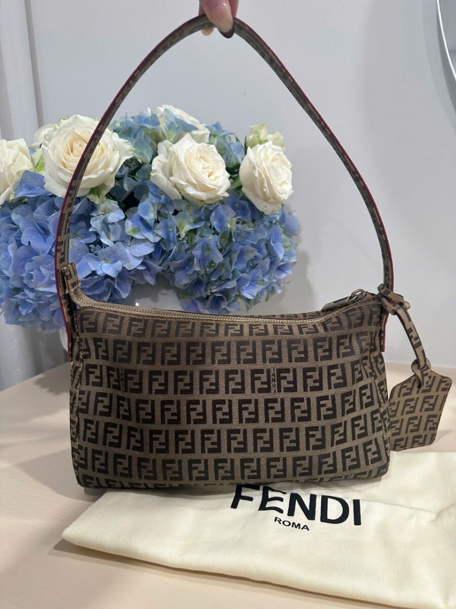【中古】 FENDI フェンディ ハンドバッグ ズッキーノ アクセサリーポーチ ワンショルダー キャンバス ズッカ柄 レザー