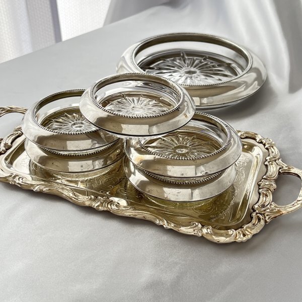 パール ワイン グラスコースター5個 ボトル用1個【純銀/ガラス】 Frank M. Whiting】 パール ワイン グラスコースター5個 ボトル用1個