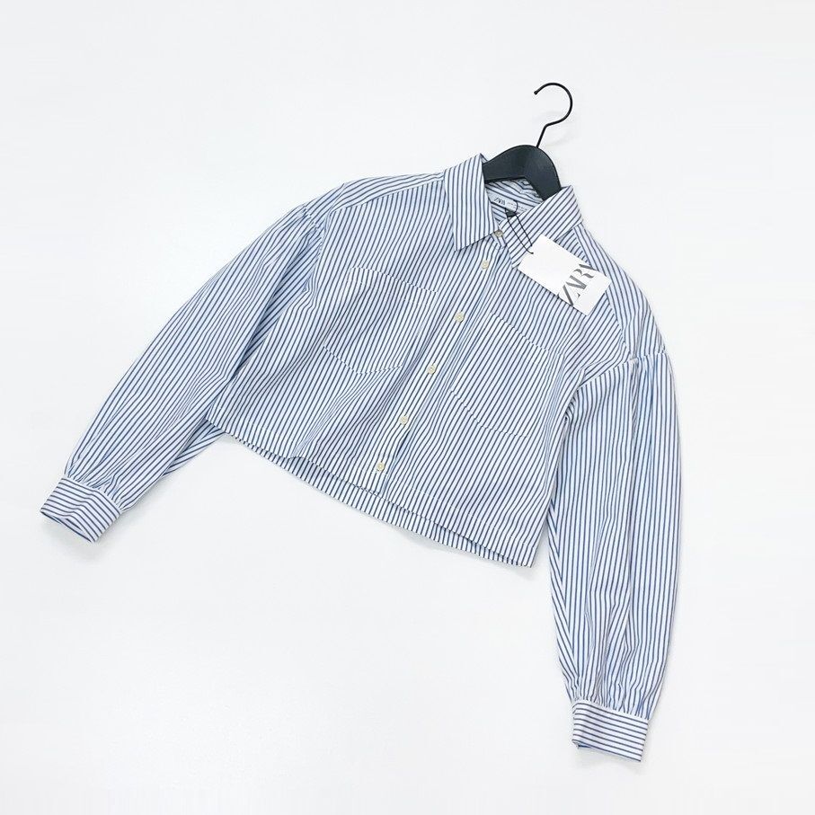 ZARA /XS/ ストライプ 長袖シャツ ショート丈 トップス レディース タグ付き カジュアル 通勤ブルーホワイト 大人可愛い生地コットン ザラ
